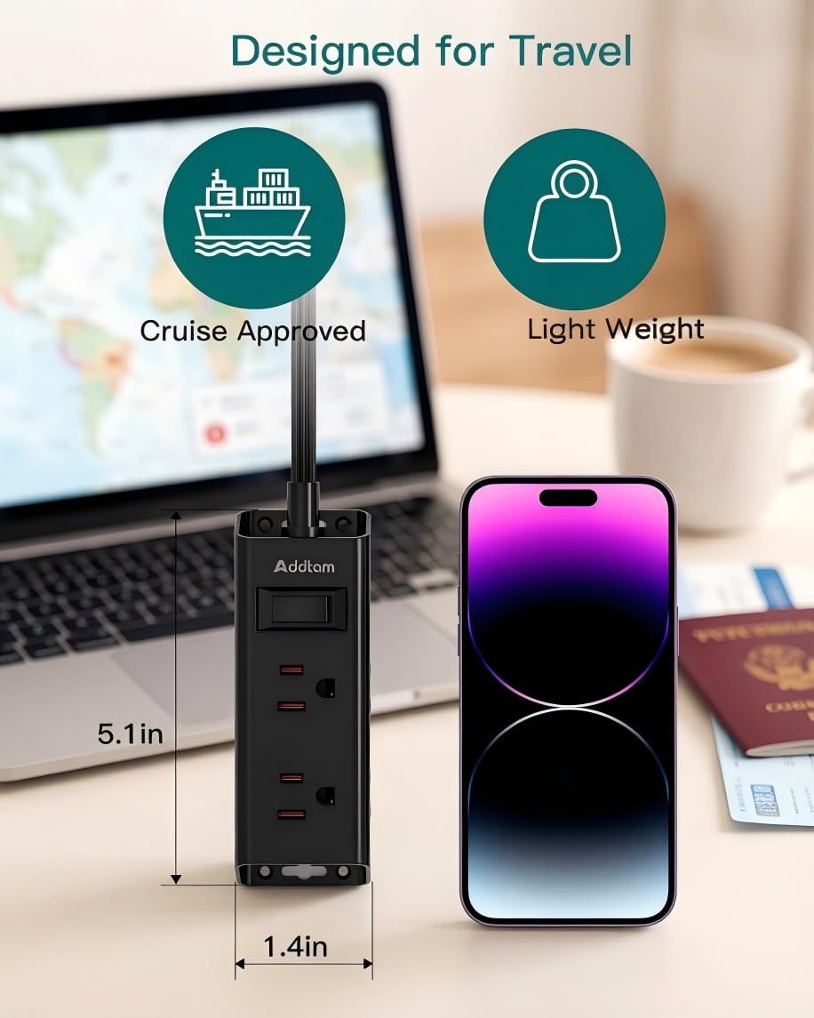 Cruise Essentials - Flat Plug Power Strip, Addtam 5 ft Ultra Flat Extension Cord with 6 Outlets Extender, No Surge Protector for Cruise Ship, Travel, Dorm, Home Office,Black