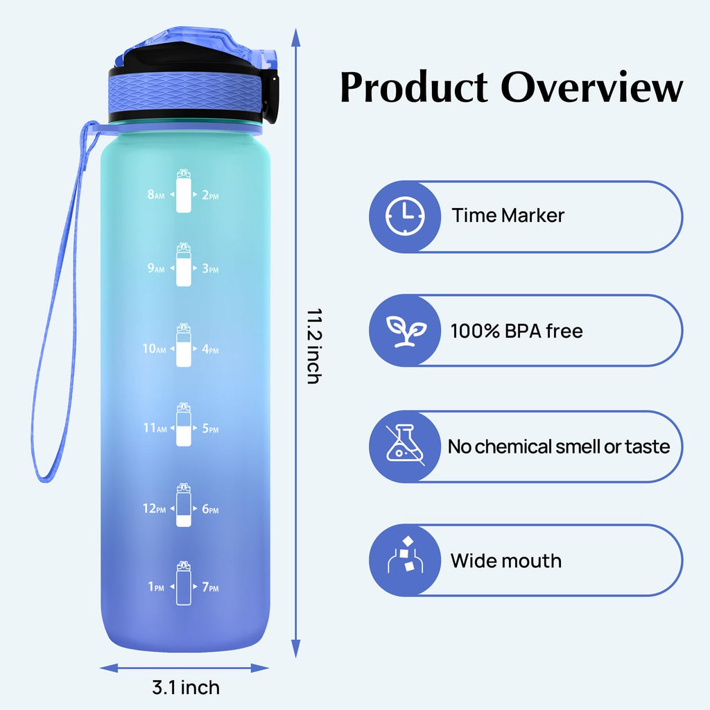 EYQ 1L Water Bottle, 1 Litre Water Bottle with Straw, 32oz Leak-Proof Motivational Sports Drinks Bottle with Time Marker, Tritan BPA-Free, Drinking Waterbottles for Gym Outdoor Sports