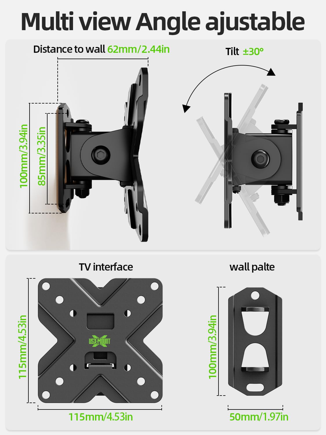 USX MOUNT UL Listed Full Motion TV Mount, Swivel Articulating Tilt TV Wall Mount for 26-65 Inch LED, 4K, Wall Mount Bracket with VESA 400x400mm Up to 77lbs, Perfect Center Design -XMM006-1