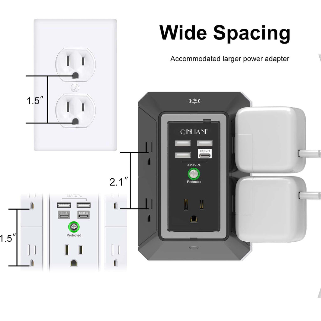 Surge Protector, QINLIANF 5 Outlet Extender with 4 USB Ports(2USB-C)