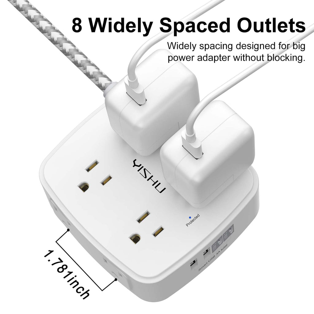 6 Ft Surge Protector Power Strip - YISHU 8 Widely Outlets with 4 USB Ports, 3 Side Outlet Extender with 6 Feet Flat Extension Cord, Ultra Flat Plug, Wall Mount, Desk USB Charging Station, ETL, Black
