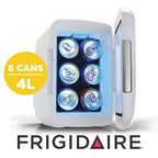 Frigidaire Gaming Light Up Mini Beverage Refrigerator, 6 can, 4 liters, Cooler with large see through door and LED lights Perfect for Gaming Experience, Home, Office, or Cars.12V Charger (Blue)