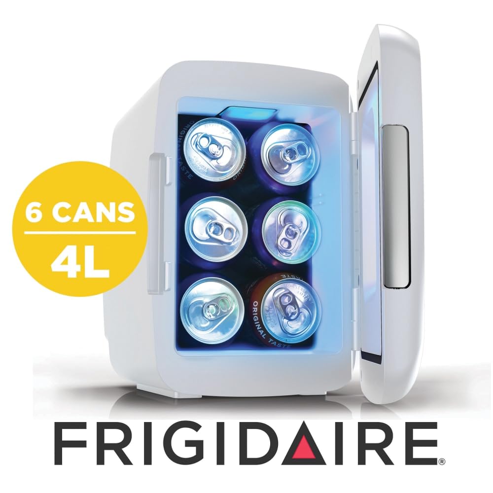Frigidaire Gaming Light Up Mini Beverage Refrigerator, 6 can, 4 liters, Cooler with large see through door and LED lights Perfect for Gaming Experience, Home, Office, or Cars.12V Charger (Blue)