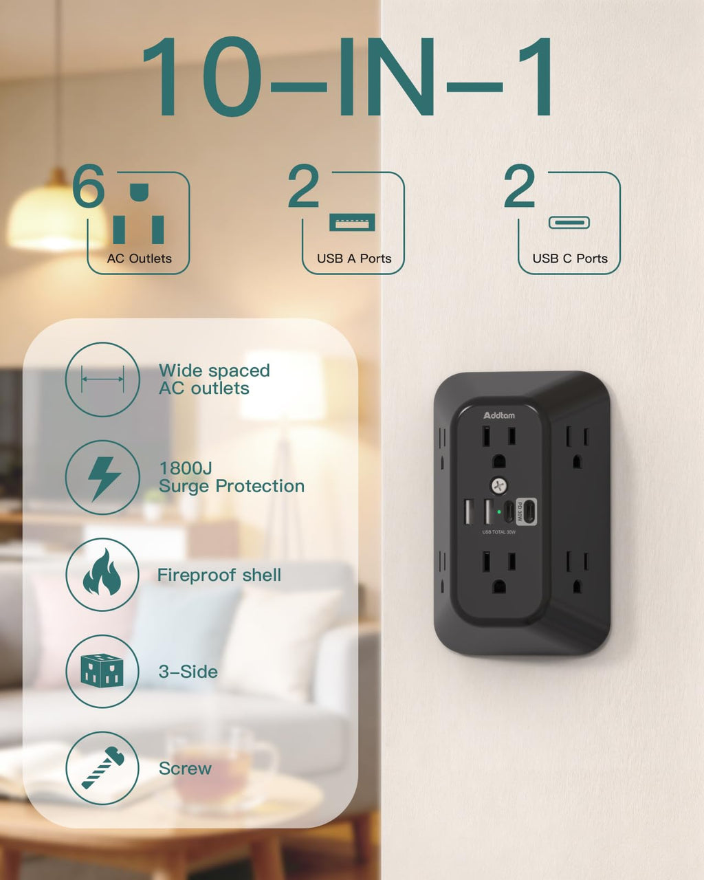 Addtam 6-Outlet Extender Surge Protector, Multi Plug Wall Outlet with 4 USB Wall Charger(PD 30W), Plug Extension Outlet with 1800J, Outlet Splitter Power Strip for Home Office, White