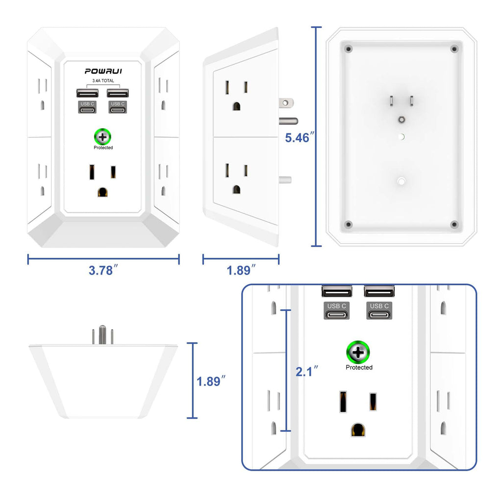 Multi Plug Wall Outlet Night Light, POWRUI 6 Outlet Extender & 3 USB Ports