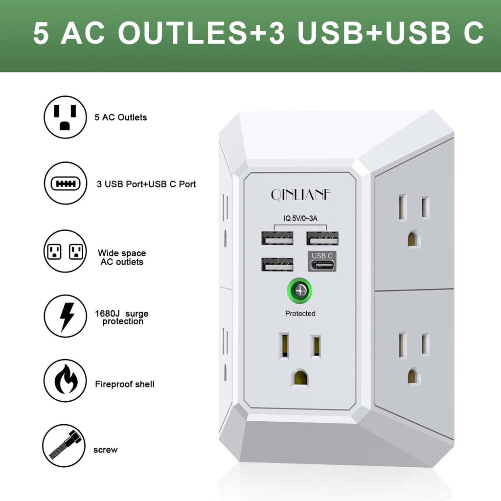 Surge Protector, QINLIANF 5 Outlet Extender with 4 USB Ports(2USB-C)