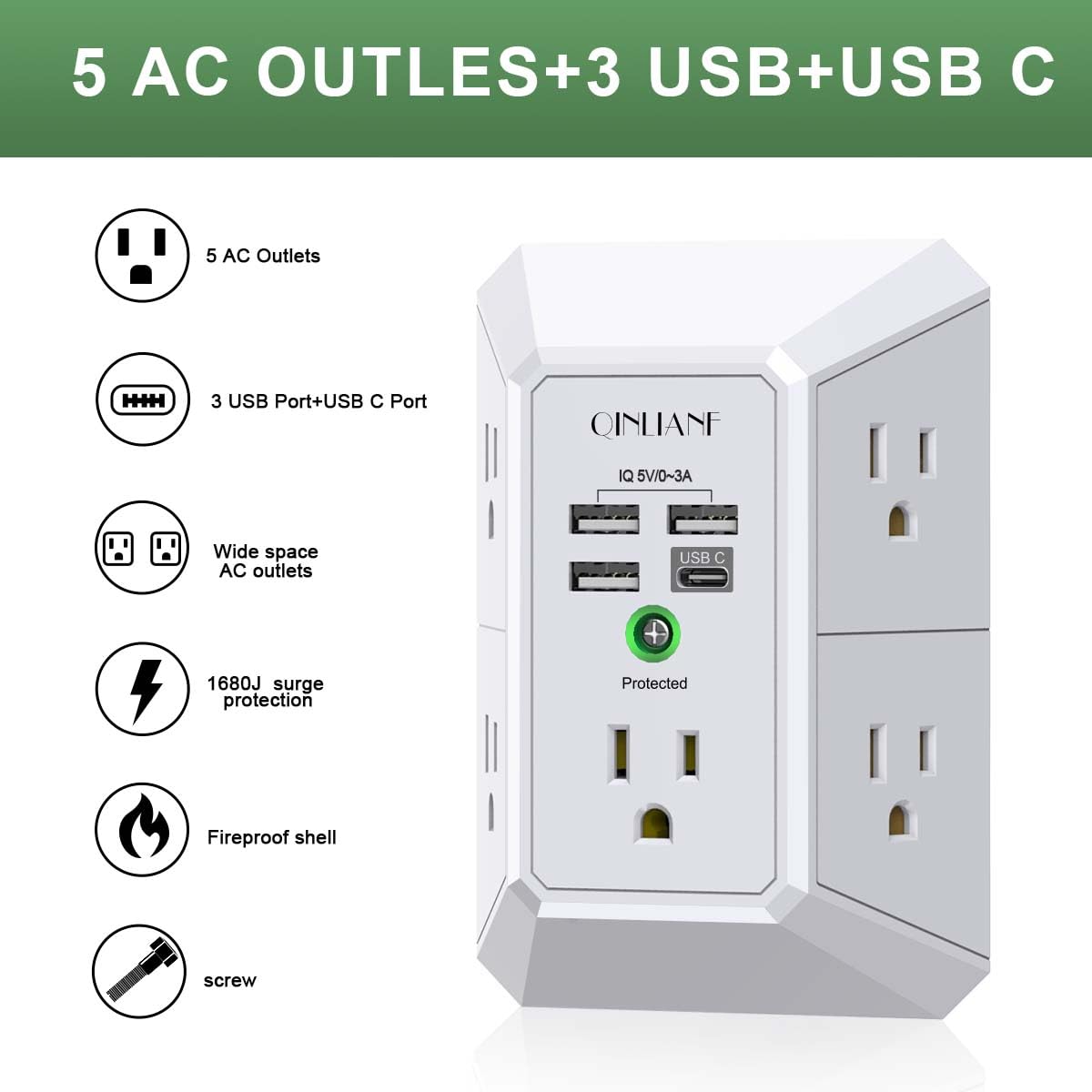 Surge Protector, QINLIANF 5 Outlet Extender with 4 USB Ports(2USB-C)