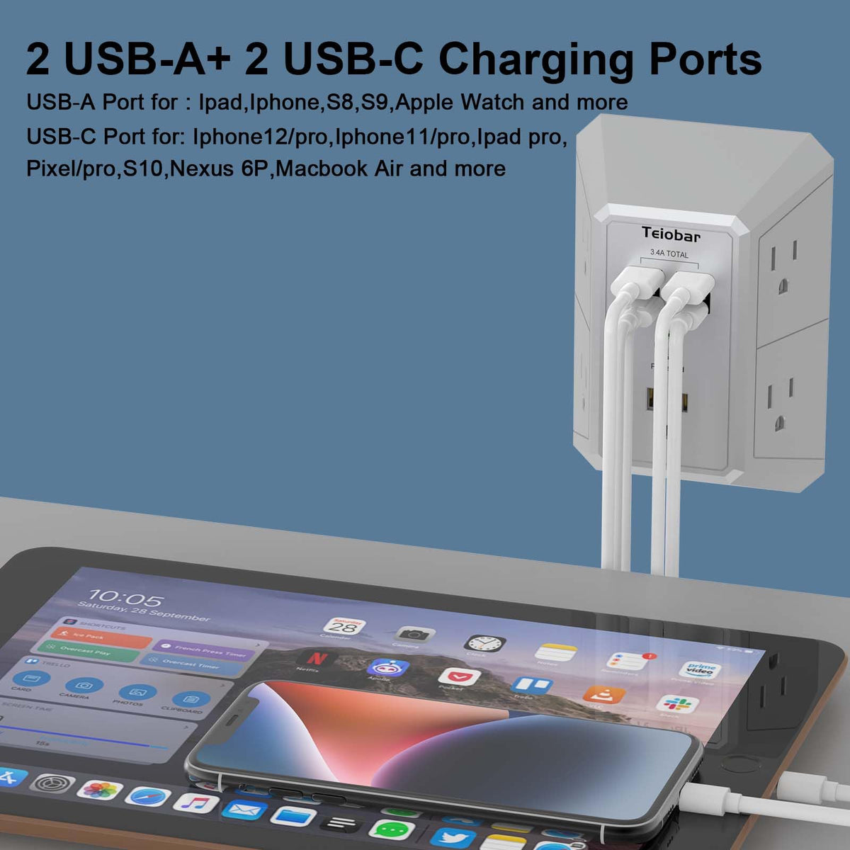 Multi Plug Wall Outlet Surge Protector with 6-Outlet & 4 USB Ports(2USB-C)