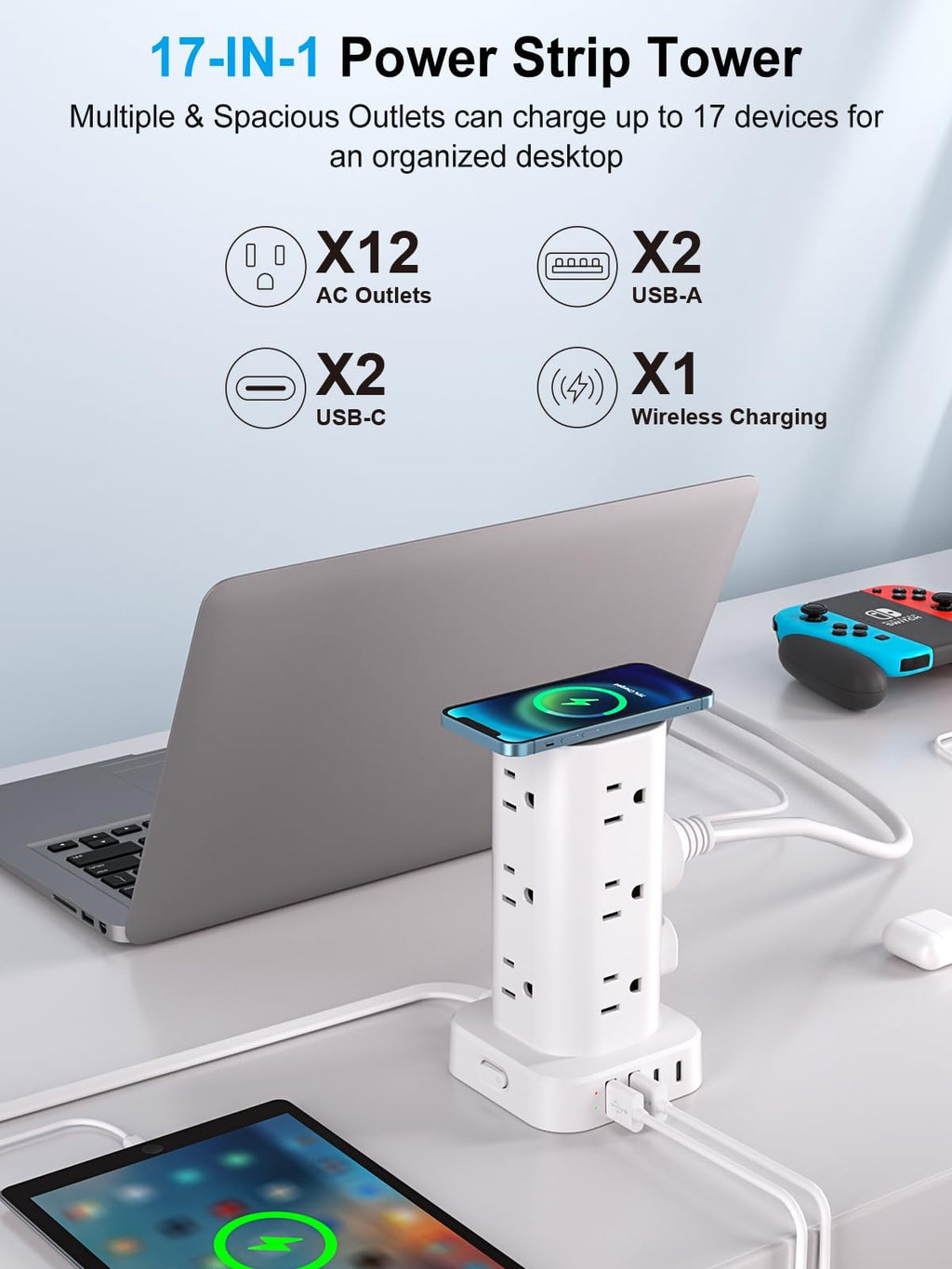 6FT Power Strip Tower with Wireless Charger,Surge Protector with 12 Outlets