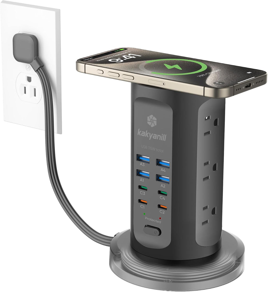 Power Strip Tower, kakyanill PD 65W Charging Station 9 AC Outlets 8 USB