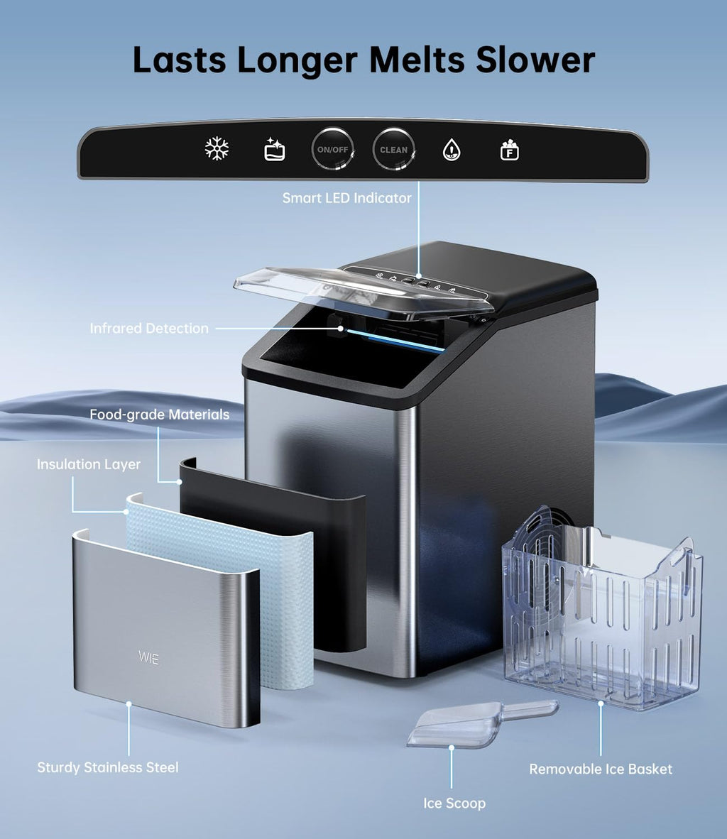 WIE Nugget Ice Maker Countertop, Sonic-Style Chewable Nugget Ice, 40lbs/Day, Fast Ice Making, Quiet Operation, Self-Cleaning Ice Maker Machine, Compact Ice Machine for Home Kitchen Party