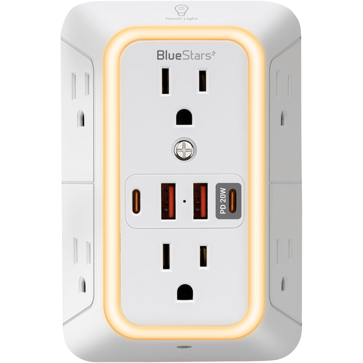 Wall Mount Power Strips Wall Charger 6 Outlet Extender 4 USB Ports (5V, 2.4A, 12W) and Night Light 3-Sided Power Strip with Adapter Spaced Outlets - Multi Plug Outlet Surge Protector, ETL Listed