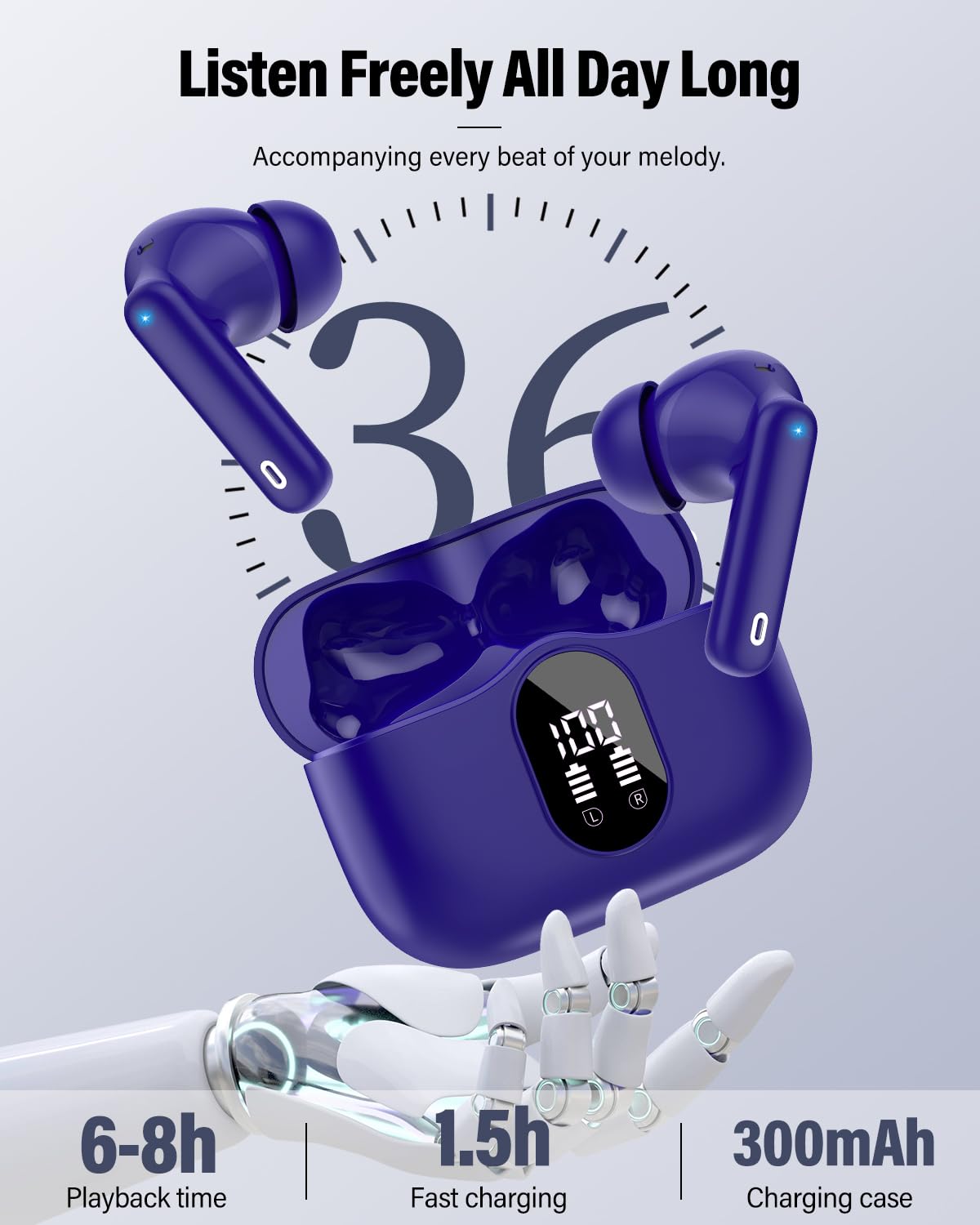 Wireless Earbuds, Bluetooth 5.4 Headphones Bass Stereo/Clear Calls, White