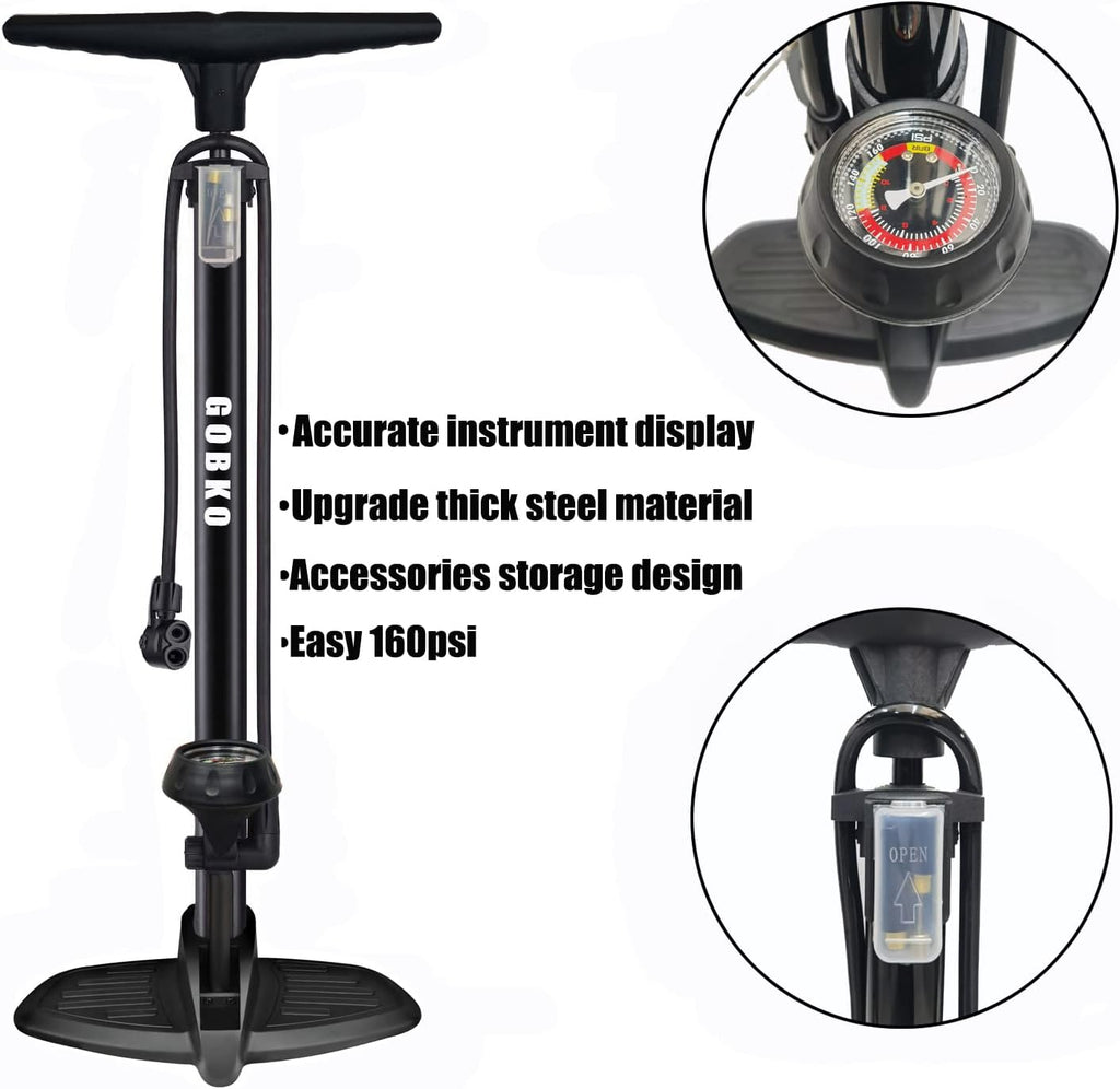 GOBKO Bike Pump Bicycle Floor Pump with Gauge, Bicycle Pumps with Presta and Schrader tire Pump multifunctional Air Pump for Road Bike MTB Sports Balls Pump High Pressure 160Psi &11Bar