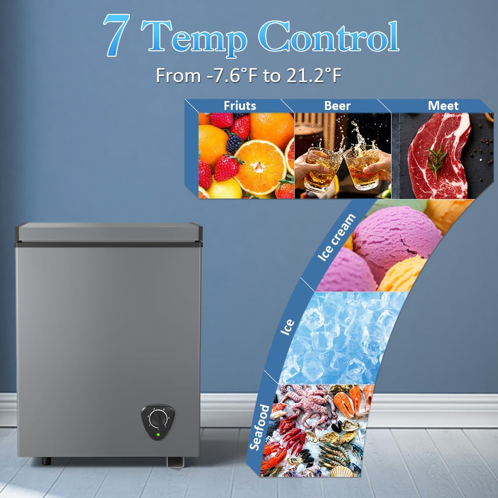 LifePlus Chest Freezer - 3.5 Cubic Feet Compact Deep Freezer Small Freezer 7 Adjustable Temperature with Removable Basket, Energy Saving Super Quiet for Garage, Office, Kitchen, or Apartment, Gray