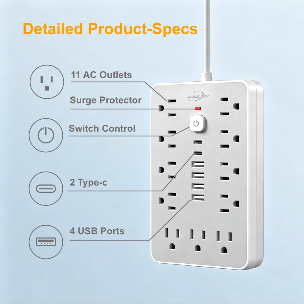 6 FT Flat Plug Surge Protector Power Strip,11 AC Outlets with 6 USB Ports