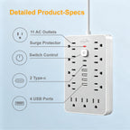 6 FT Flat Plug Surge Protector Power Strip,11 AC Outlets with 6 USB Ports