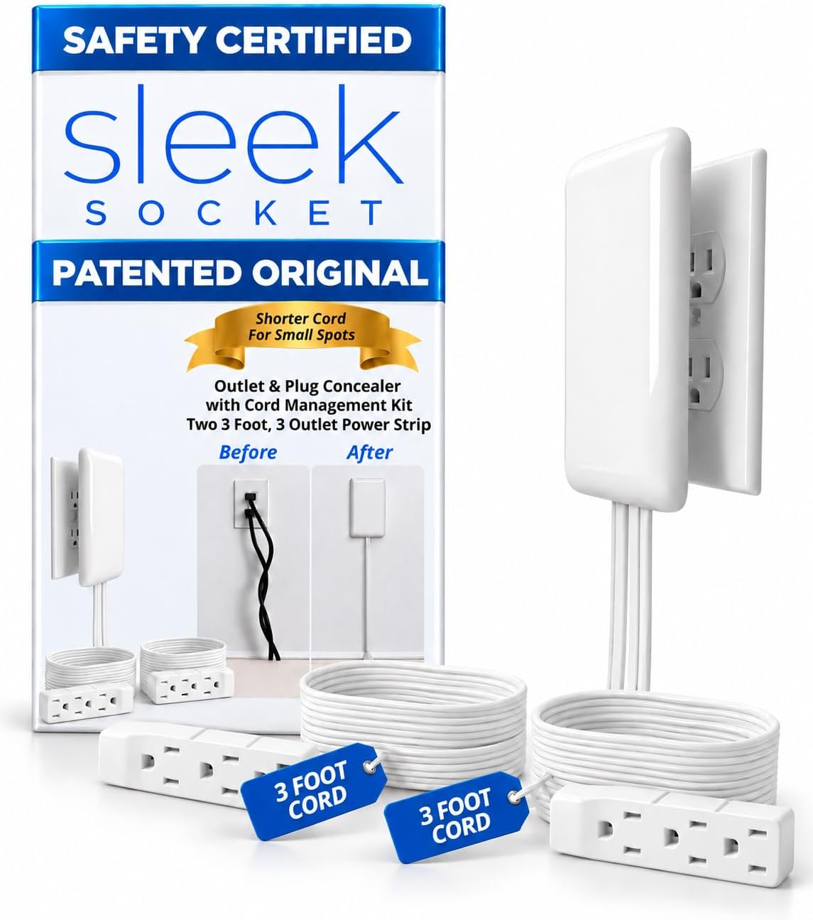 Sleek Socket Original & Patented Ultra-Thin Outlet Concealer with Cord Concealer Kit, Flat Extension Cord with Multi Outlets Power Strip, Ideal for Home Improvement, Hide Bulky and Messy Cords