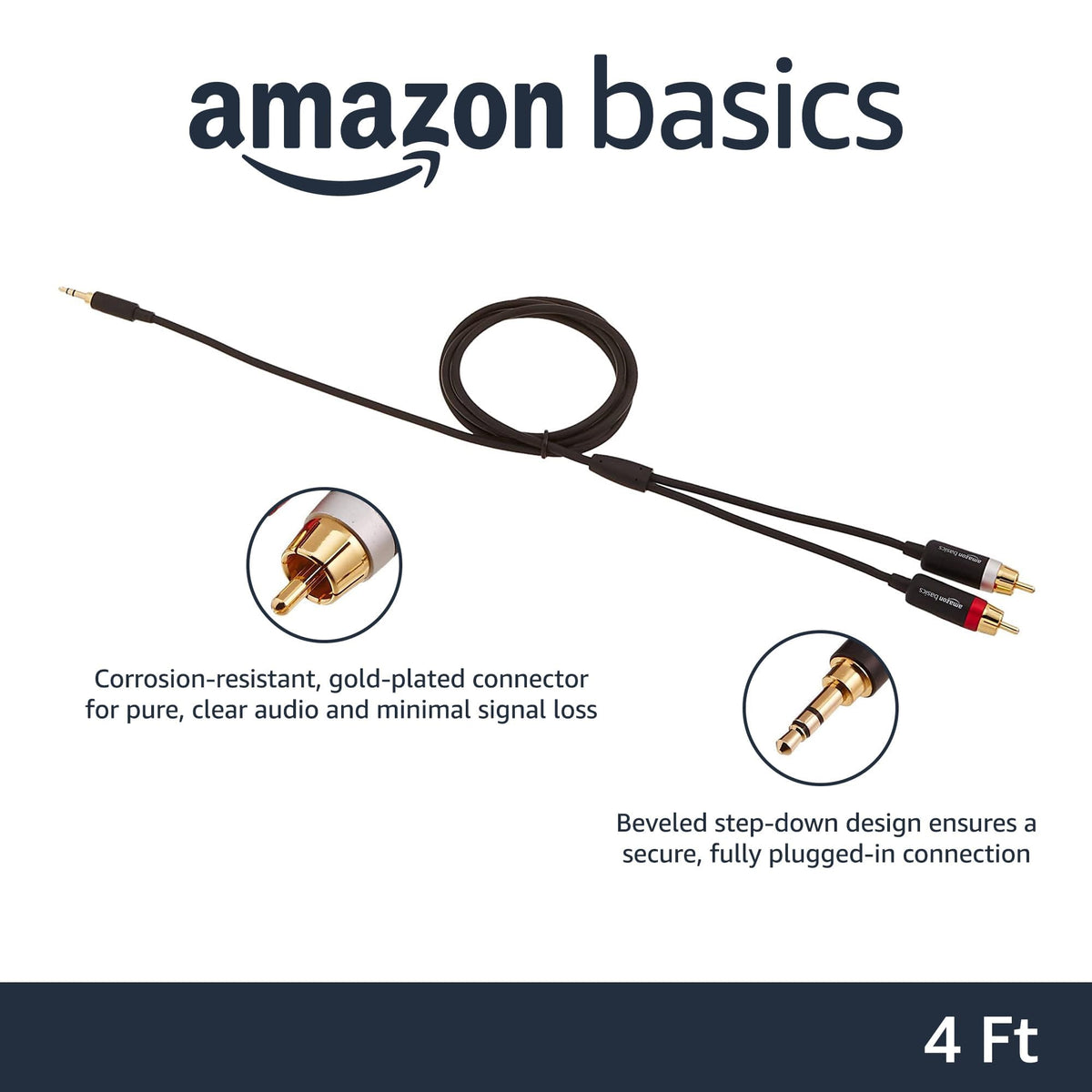 Amazon Basics 3.5mm Aux to 2 RCA Audio Cable Adapter for Amplifiers, Active Speakers, Gold-Plated Connectors, Clear Sound Quality, Shielded Construction, 8 Feet/2.4 m, Black