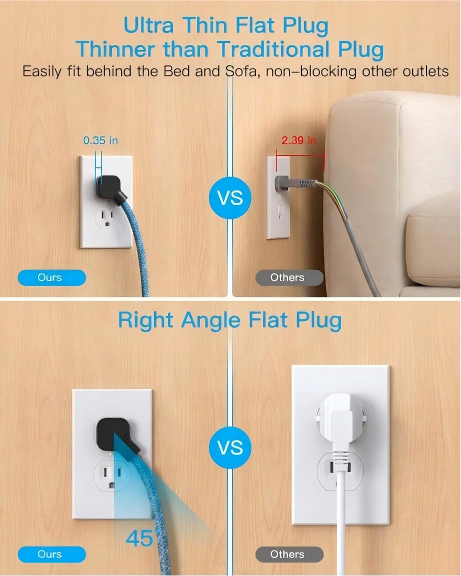 10 Ft Extension Cord, Flat Power Strip with 4 Outlets 4 USB Ports (2 USB C)