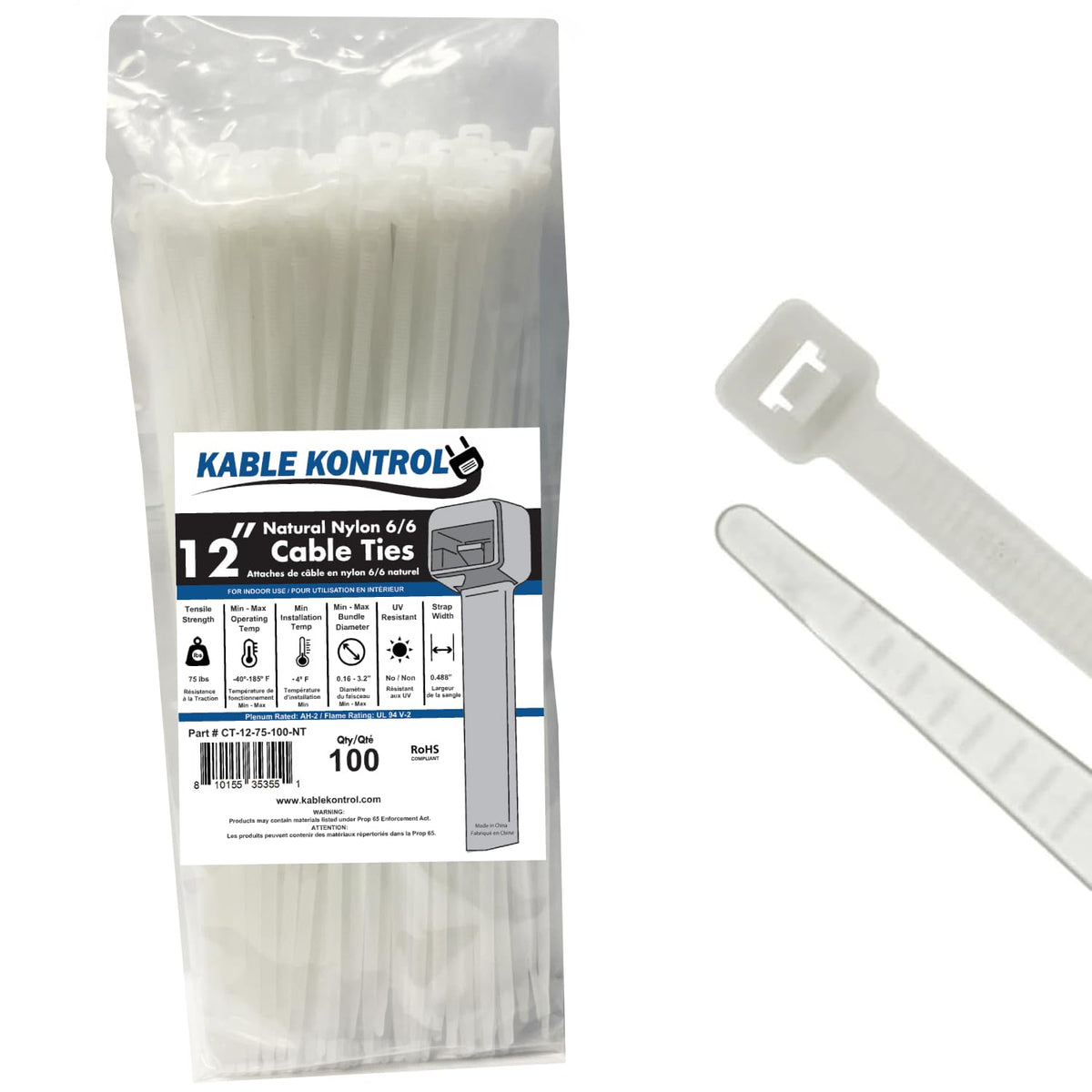 Kable Kontrol Cable Zip Ties, 4 Inch, 100 Pcs, 18lbs Test, Gray