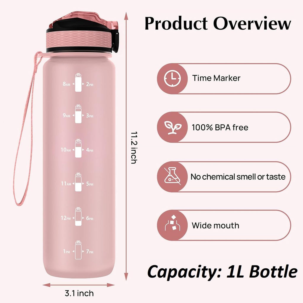 EYQ 1L Water Bottle, 1 Litre Water Bottle with Straw, 32oz Leak-Proof Motivational Sports Drinks Bottle with Time Marker, Tritan BPA-Free, Drinking Waterbottles for Gym Outdoor Sports