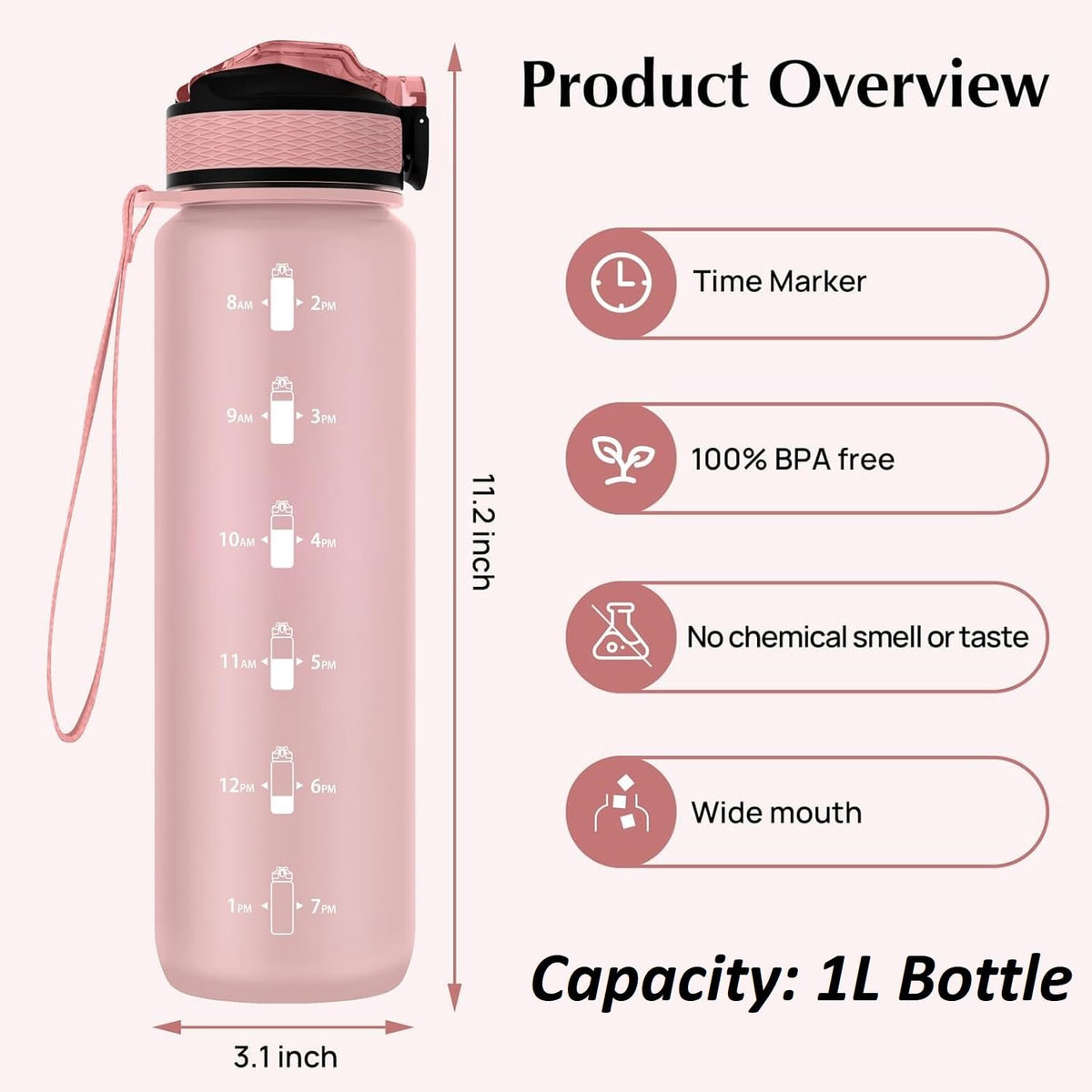 EYQ 1L Water Bottle, 1 Litre Water Bottle with Straw, 32oz Leak-Proof Motivational Sports Drinks Bottle with Time Marker, Tritan BPA-Free, Drinking Waterbottles for Gym Outdoor Sports
