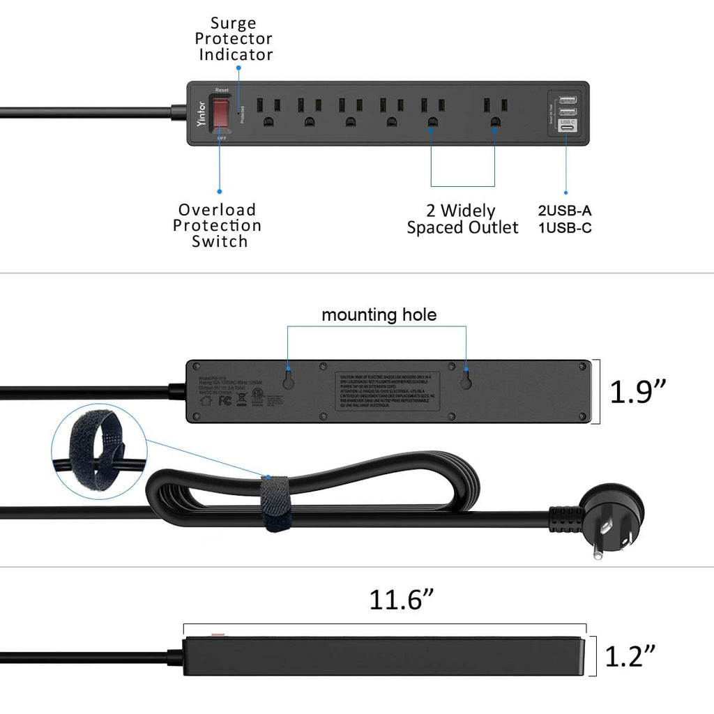 Yintar 6Ft Surge Protector Power Strip with 8 Outlets and 4 USB Ports