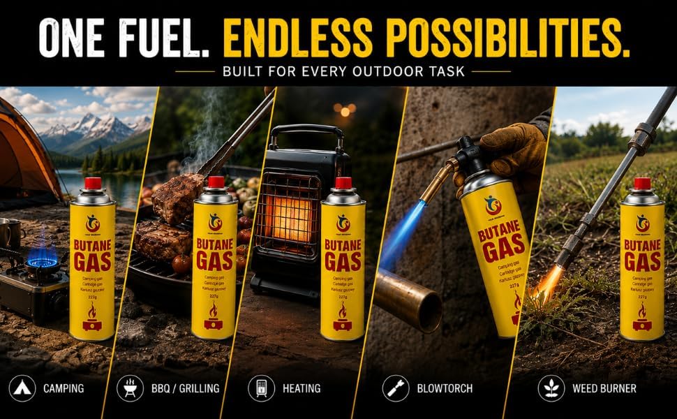 OptiProducts Butane Gas Canister 227g – Universal Fuel Cartridge for Camping Stove, BBQ Grill, Heater & Blow Torch – Safe, Lightweight Outdoor Cooking Gas Refill NEW
