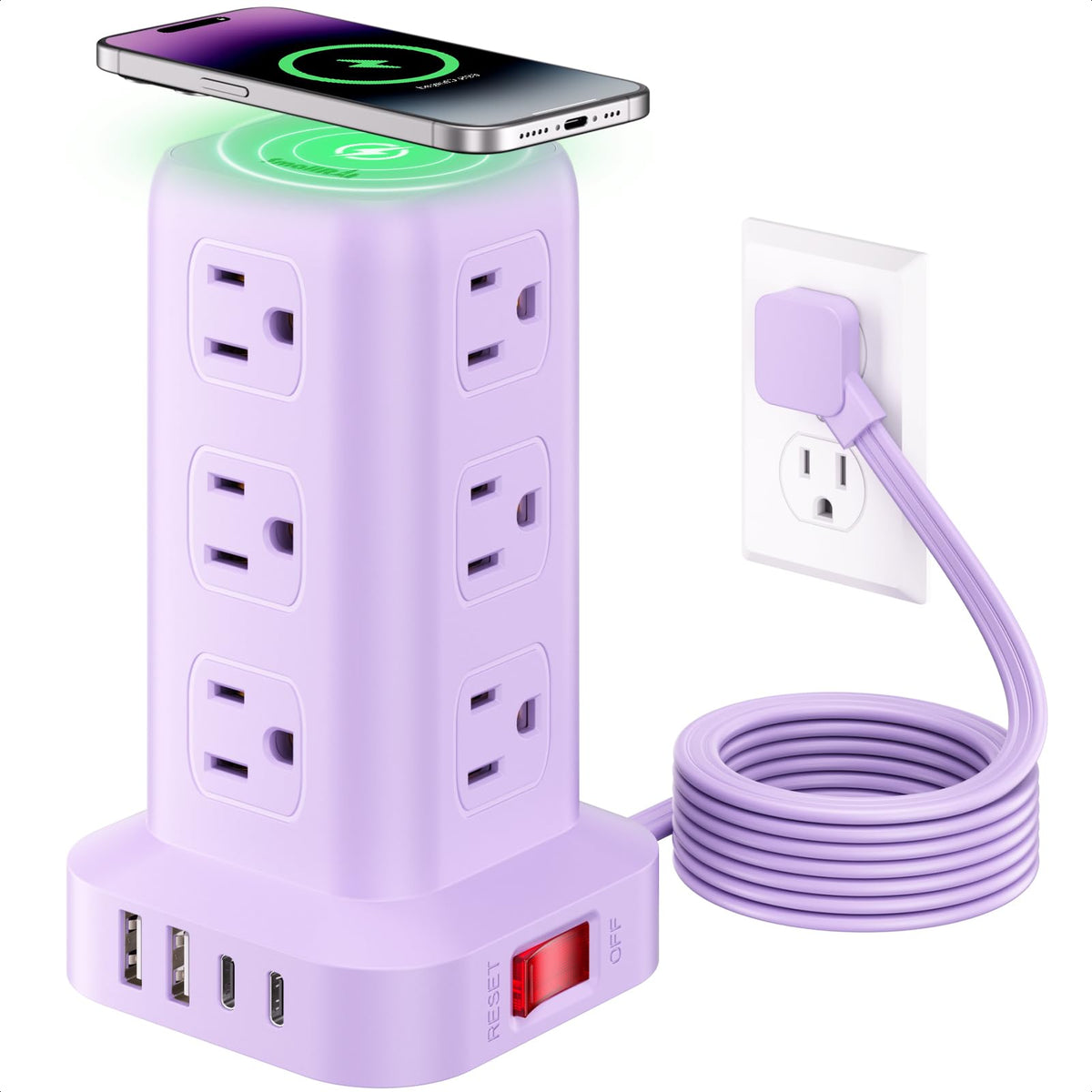 Extension Cord with Multiple Outlets, SMALLRT Power Strip Tower, PD 20W USB C, Outlet Extender with USB Ports 12 AC Outlets, 6.5FT Extension Cord for Home Office, Overload Protection