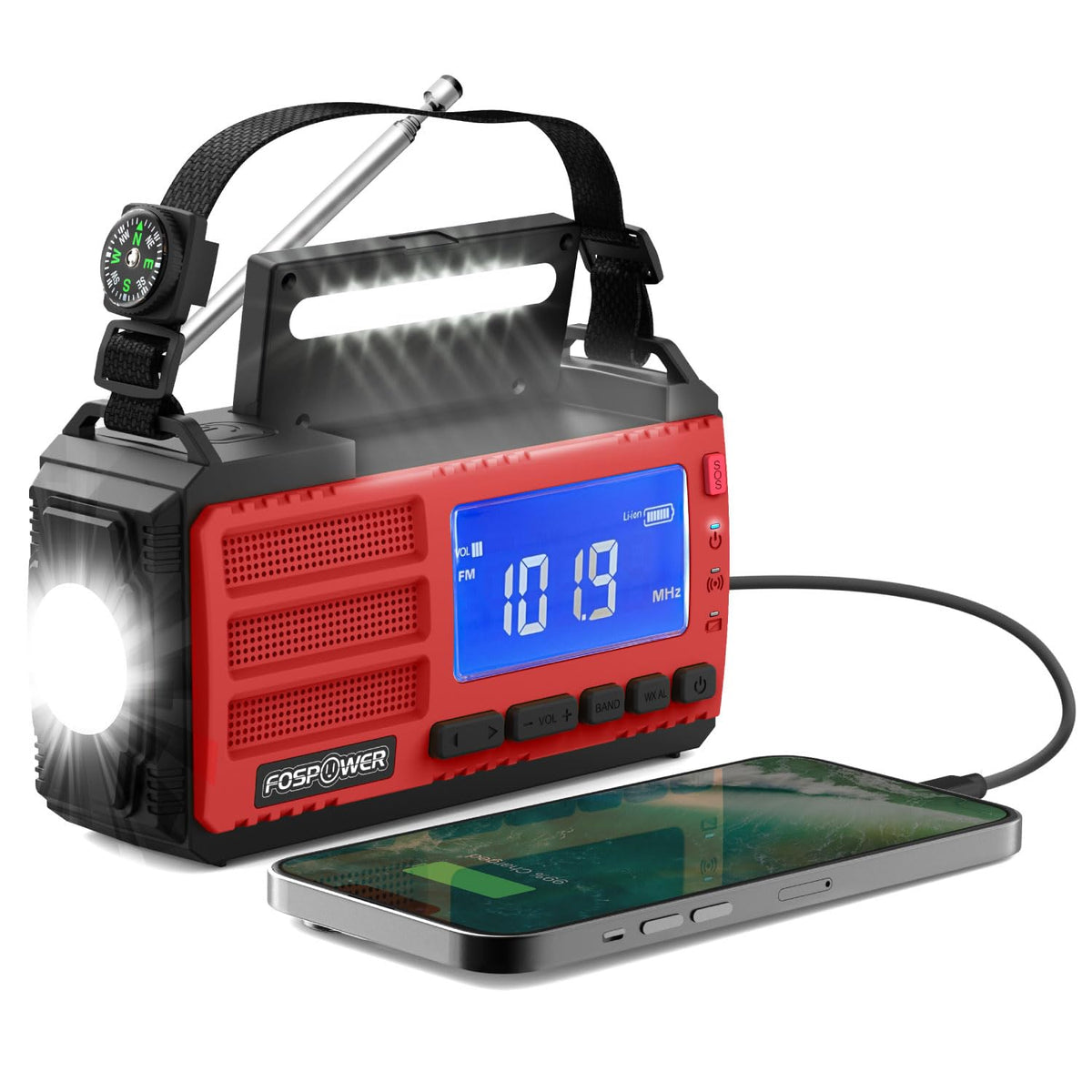 FosPower NOAA Emergency Weather Radio A1 7400mWh Solar Hand Crank (Orange)