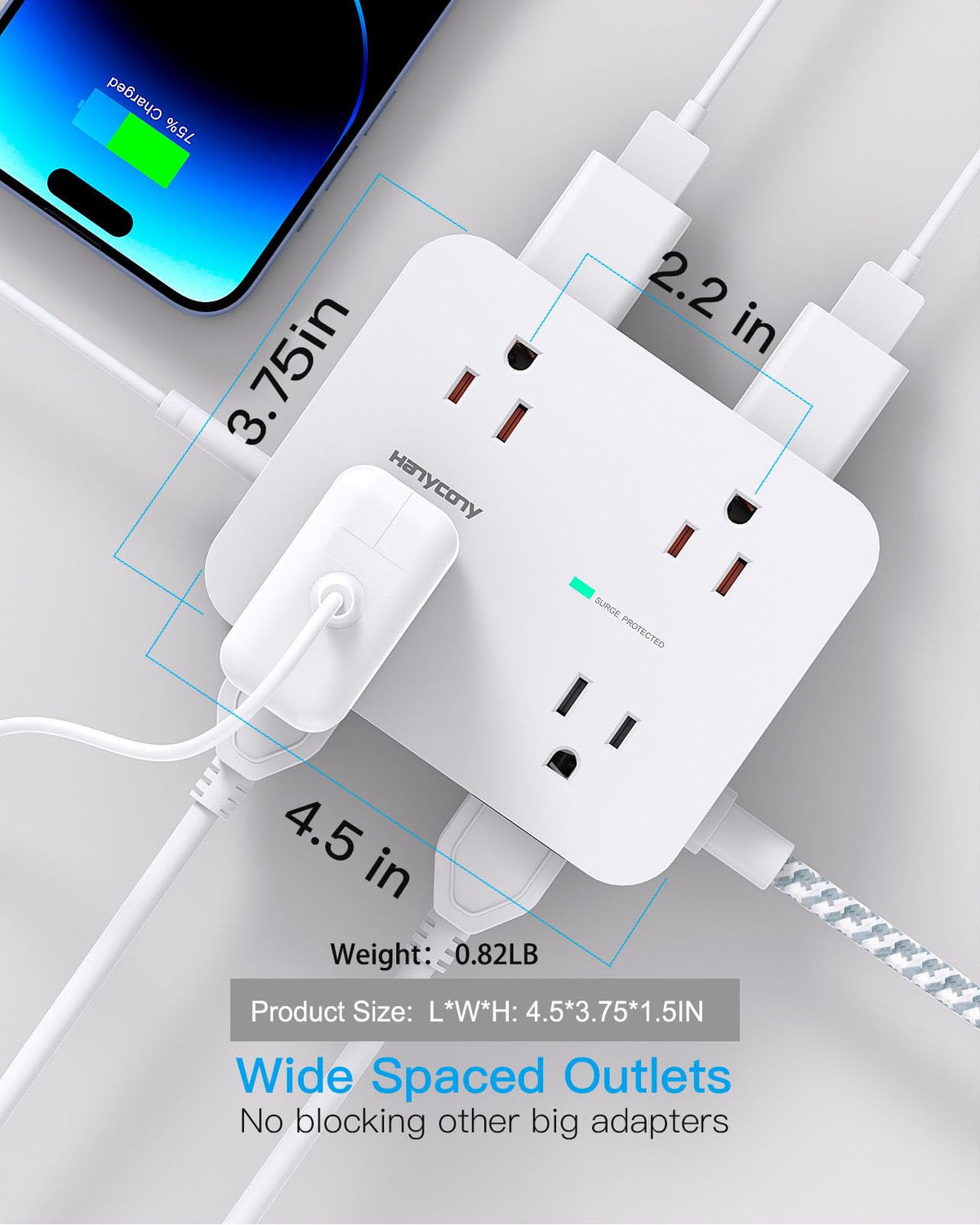 HANYCONY Surge Protector Power Strip, 10 Ft Braided Extension Cord, 1080J