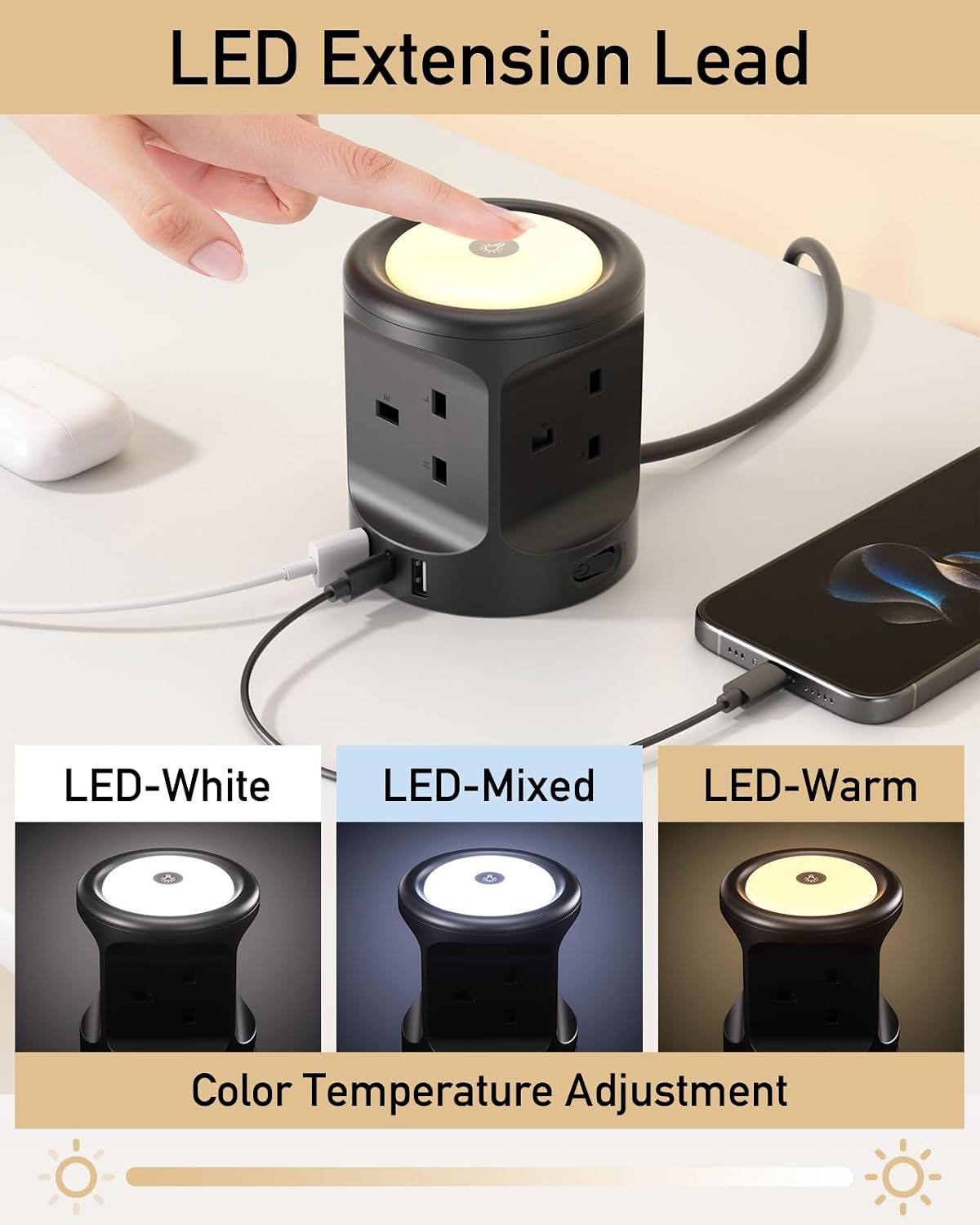 Extension Lead with USB Slots and Night Light, 4 Way (13A/3250W) Multi Plug Extension Cords & 3 USB Ports, Surge Protected Extension Lead with Switches, 2M Extension Cable for Home Dorm Office