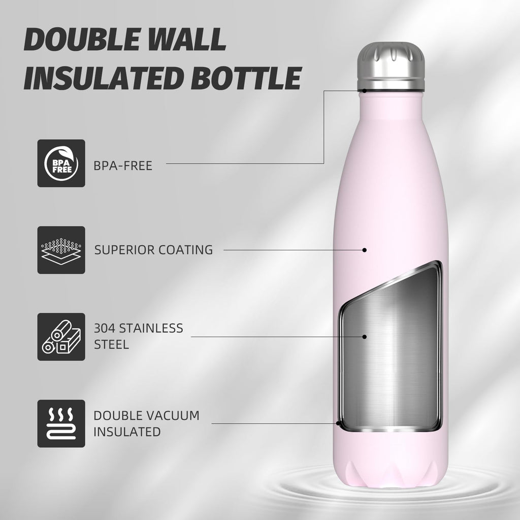 Stainless Steel Insulated Water Bottle, WATERSY Double Walled Metal Vacuum Flask Keep 24 Hrs Cold & 12 Hrs Hot Thermal Metal Sports Bottles 500ml BPA Free for Outdoor, Work, Gym, School (Black)