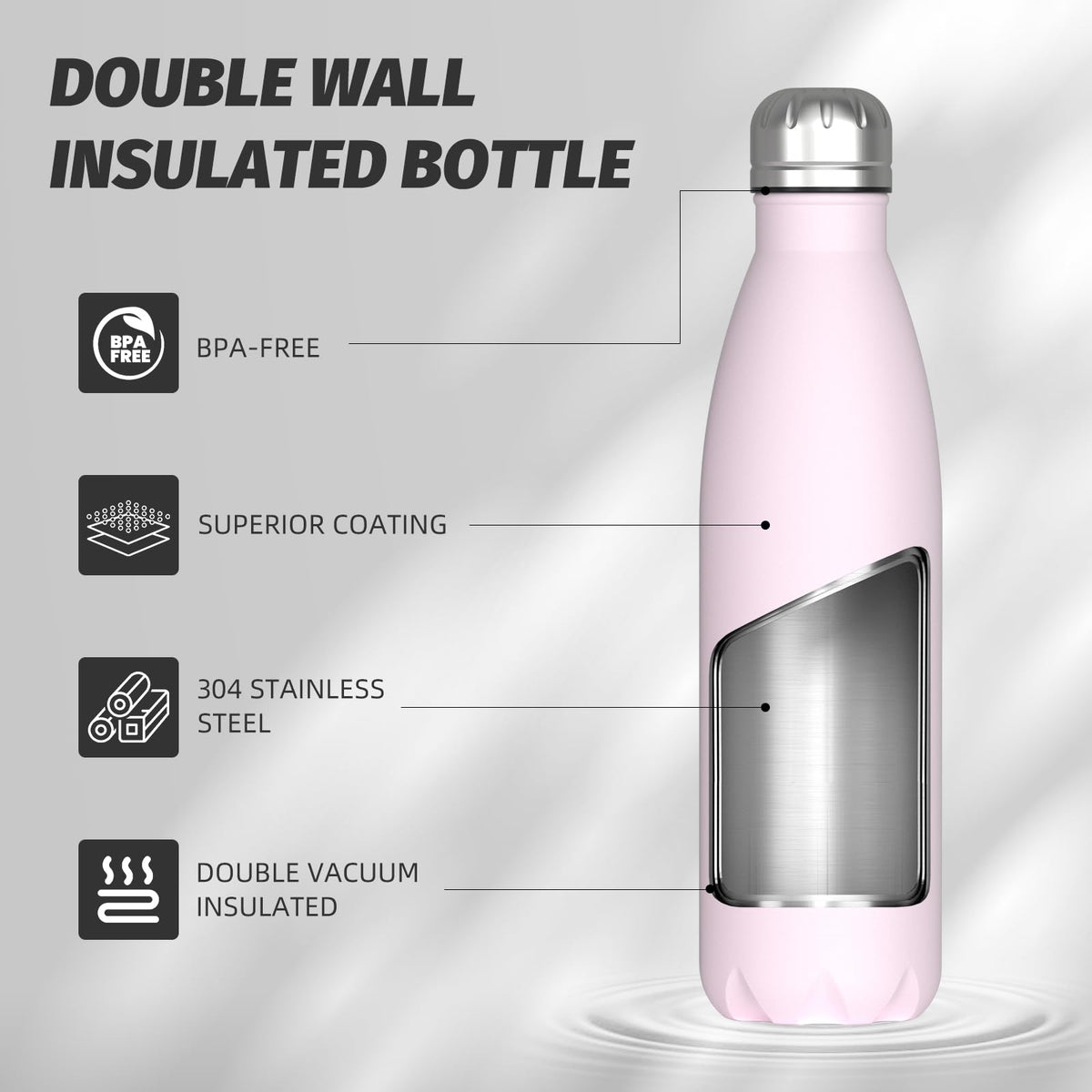 Stainless Steel Insulated Water Bottle, WATERSY Double Walled Metal Vacuum Flask Keep 24 Hrs Cold & 12 Hrs Hot Thermal Metal Sports Bottles 500ml BPA Free for Outdoor, Work, Gym, School (Black)