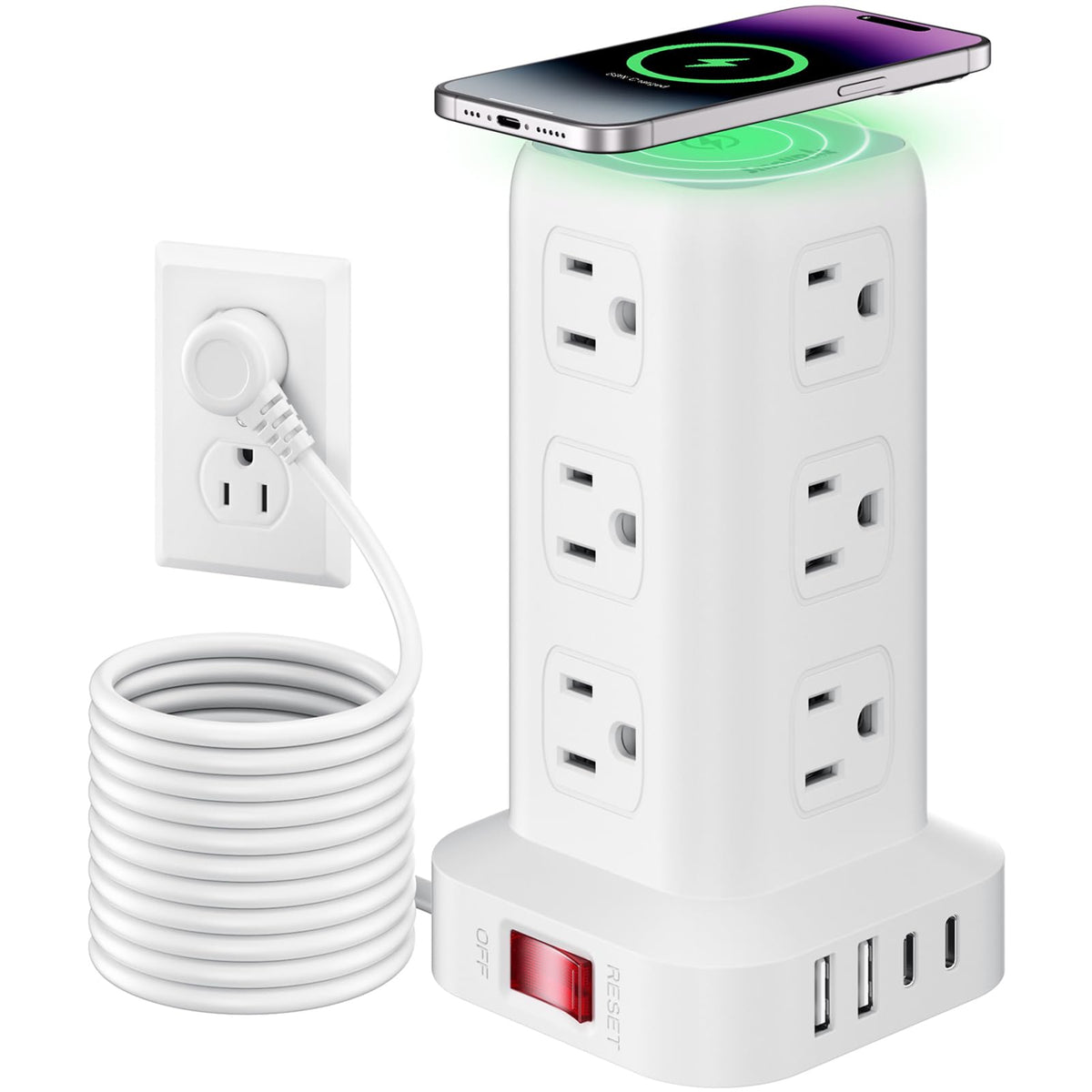 Extension Cord with Multiple Outlets, SMALLRT Power Strip Tower, PD 20W USB C, Outlet Extender with USB Ports 12 AC Outlets, 6.5FT Extension Cord for Home Office, Overload Protection