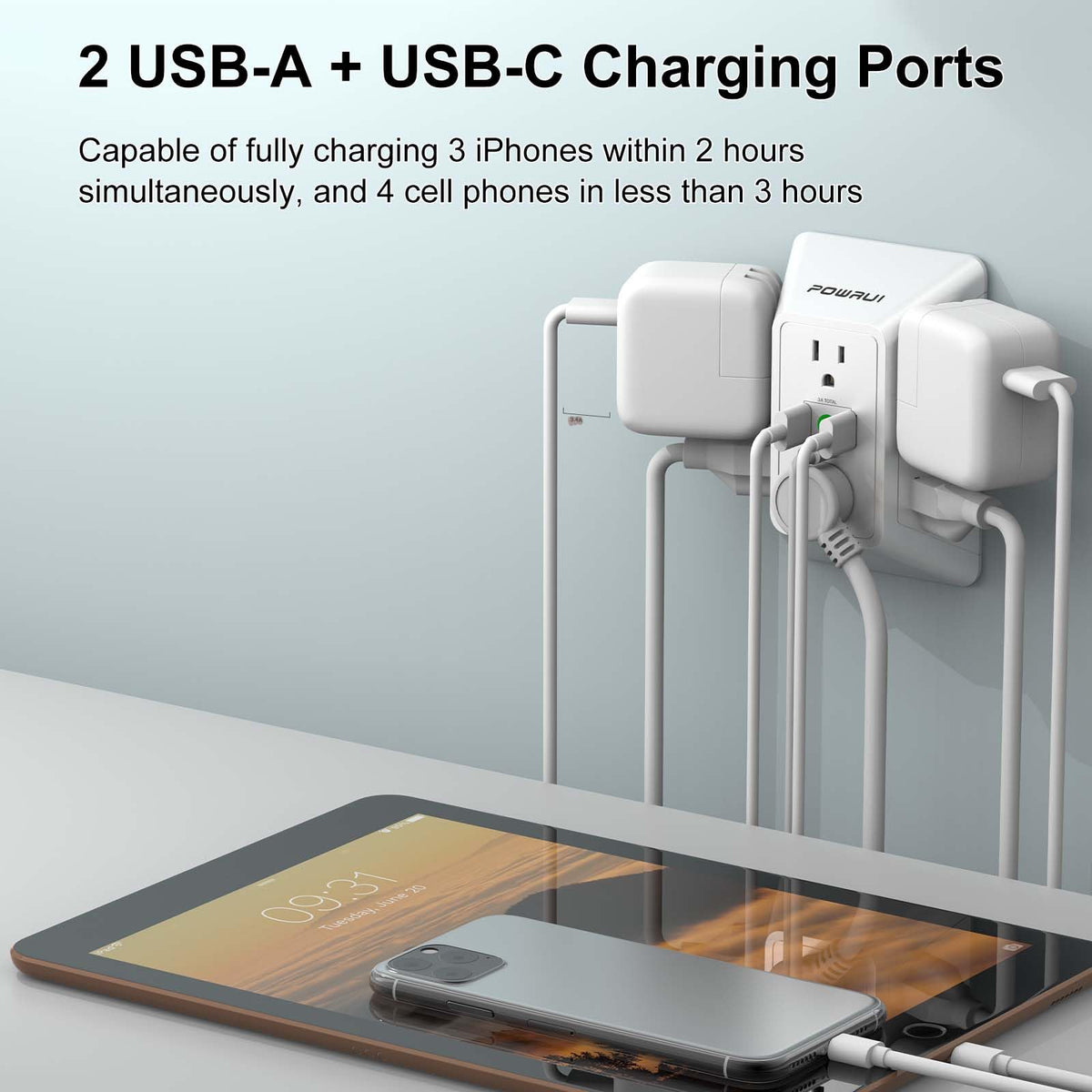 Multi Plug Wall Outlet Night Light, POWRUI 6 Outlet Extender & 3 USB Ports