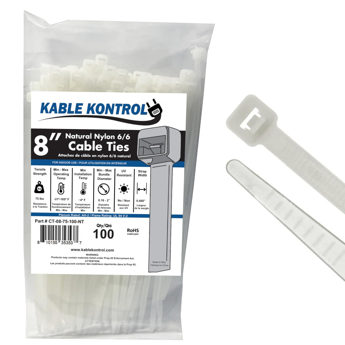 Kable Kontrol Cable Zip Ties, 4 Inch, 100 Pcs, 18lbs Test, Gray