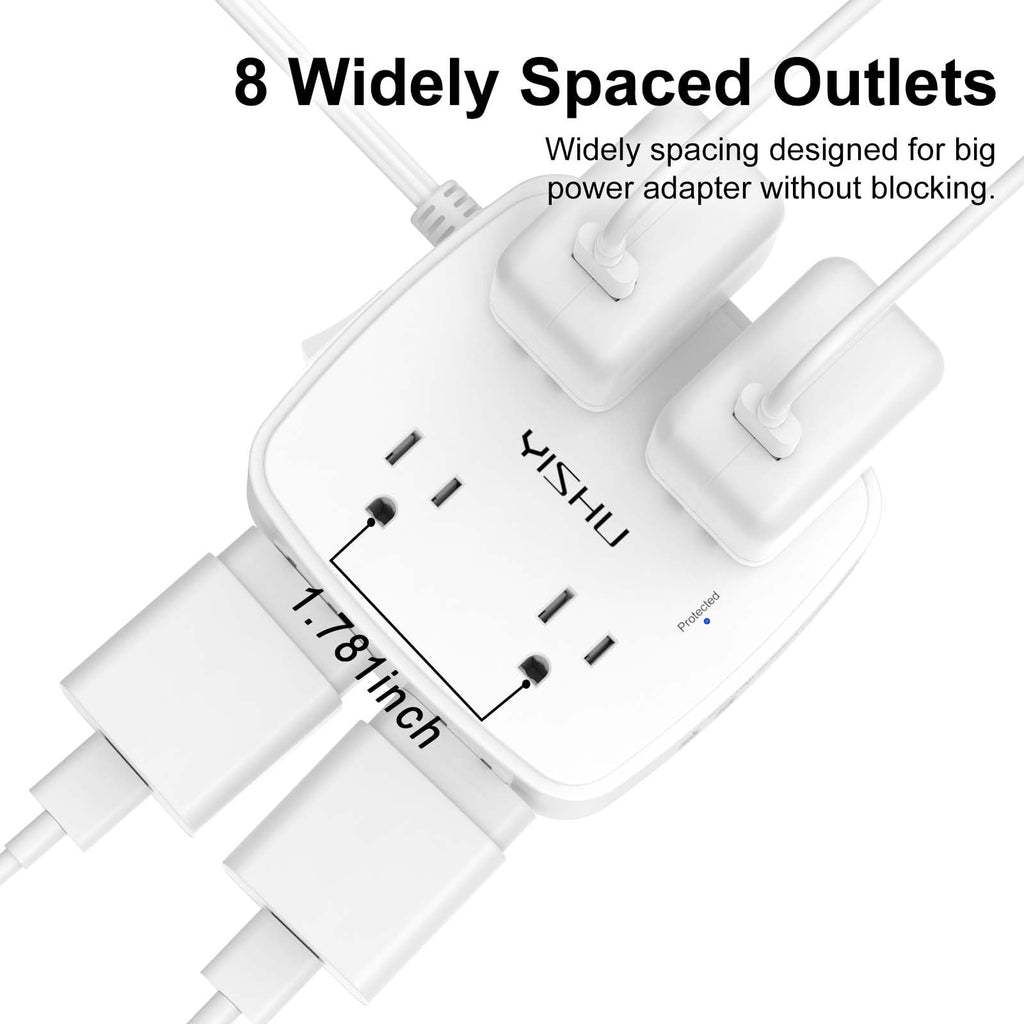 6 Ft Surge Protector Power Strip - YISHU 8 Widely Outlets with 4 USB Ports, 3 Side Outlet Extender with 6 Feet Flat Extension Cord, Ultra Flat Plug, Wall Mount, Desk USB Charging Station, ETL, Black