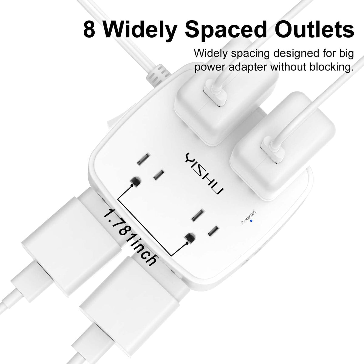 6 Ft Surge Protector Power Strip - YISHU 8 Widely Outlets with 4 USB Ports, 3 Side Outlet Extender with 6 Feet Flat Extension Cord, Ultra Flat Plug, Wall Mount, Desk USB Charging Station, ETL, Black