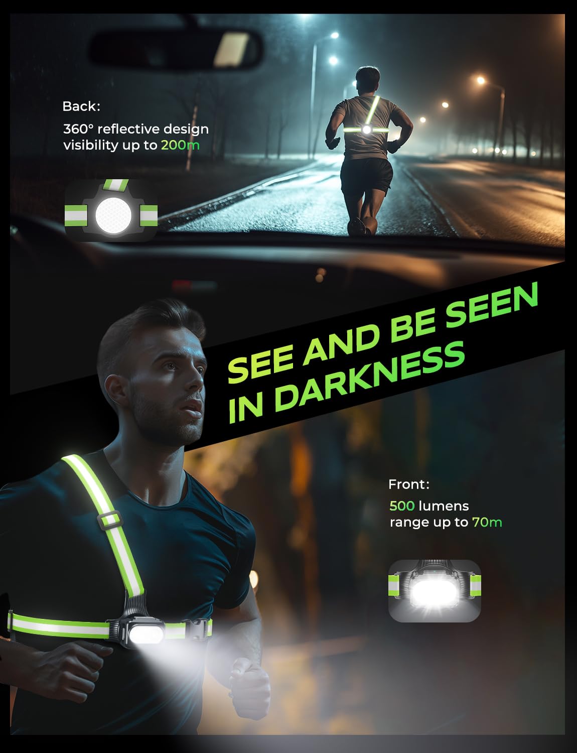 Running Lights for Runners, 500LM Chest Running Light with 7 Modes