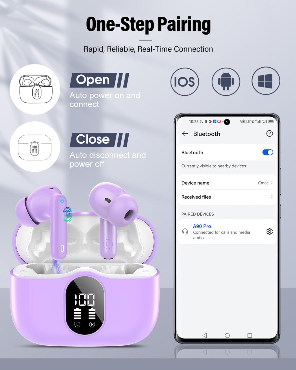 Wireless Earbuds, Bluetooth 5.4 Headphones Bass Stereo/Clear Calls, White