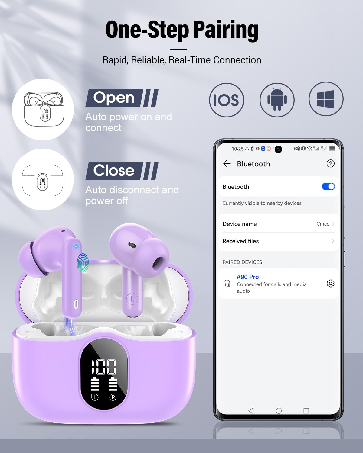 Wireless Earbuds, Bluetooth 5.4 Headphones Bass Stereo/Clear Calls, White