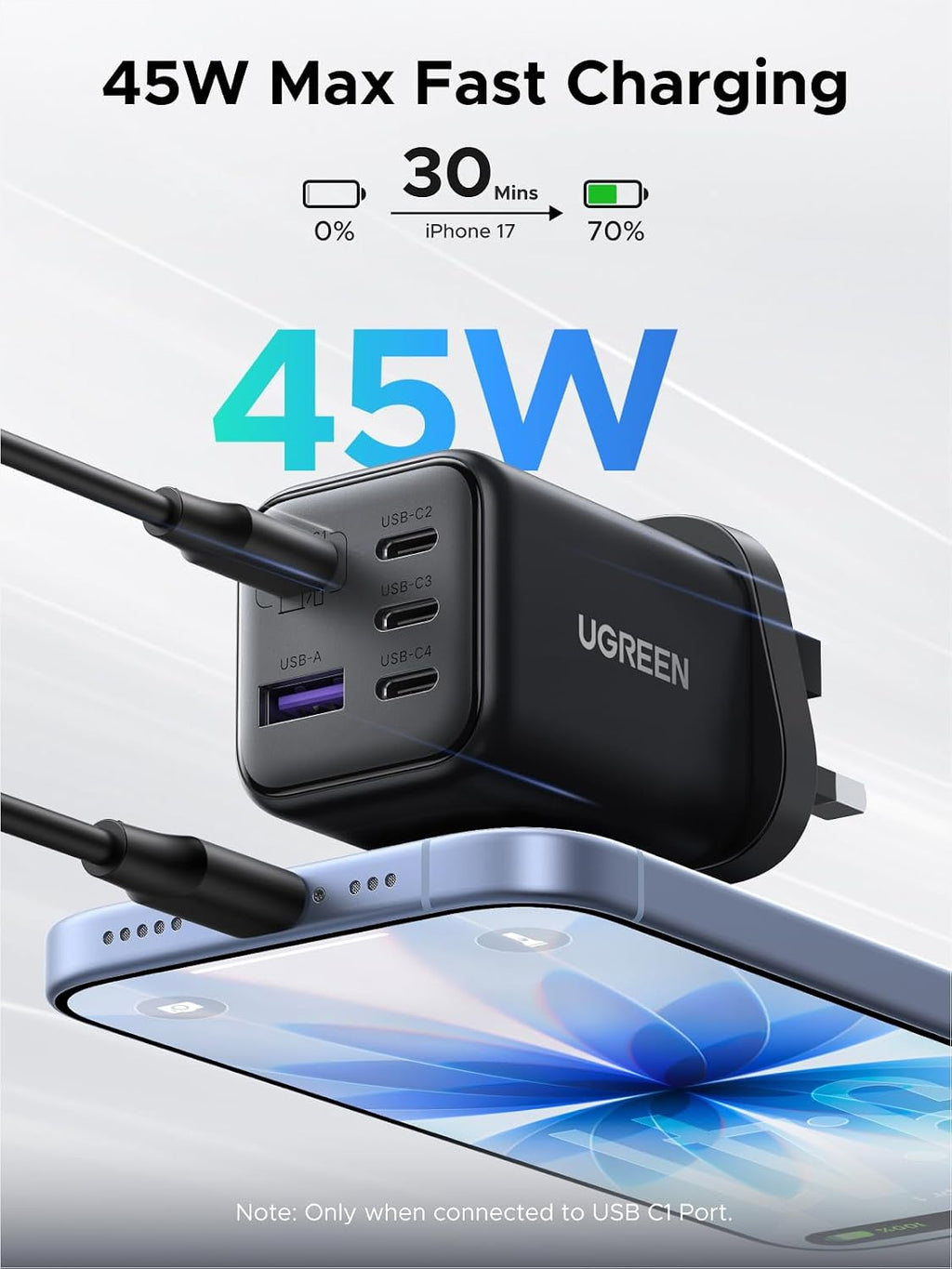 UGREEN 45W USB C Charger 5 Port GaN Fast Wall Plug Compact Power Adapter