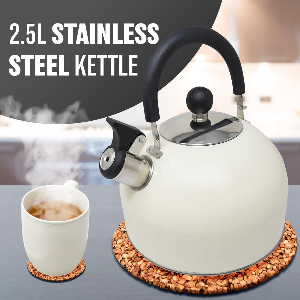 2.5L Stainless Steel Whistling Kettle - Suitable for Fishing, Camping, Hiking, Indoor & Outdoor | Camping Kettle for Gas Stove, Electric Stove, Camp Fire | Lightweight, Fast Boil, Phenolic Handle