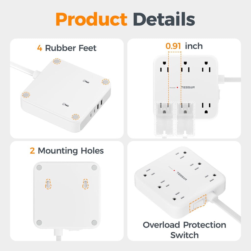 TESSAN Surge Protector Power Strip, 5Ft Flat Plug Extension Cord, Black