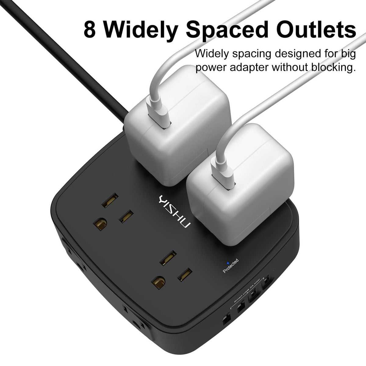 6 Ft Surge Protector Power Strip - YISHU 8 Widely Outlets with 4 USB Ports, 3 Side Outlet Extender with 6 Feet Flat Extension Cord, Ultra Flat Plug, Wall Mount, Desk USB Charging Station, ETL, Black