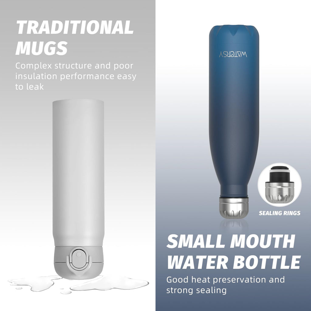 Stainless Steel Insulated Water Bottle, WATERSY Double Walled Metal Vacuum Flask Keep 24 Hrs Cold & 12 Hrs Hot Thermal Metal Sports Bottles 500ml BPA Free for Outdoor, Work, Gym, School (Black)