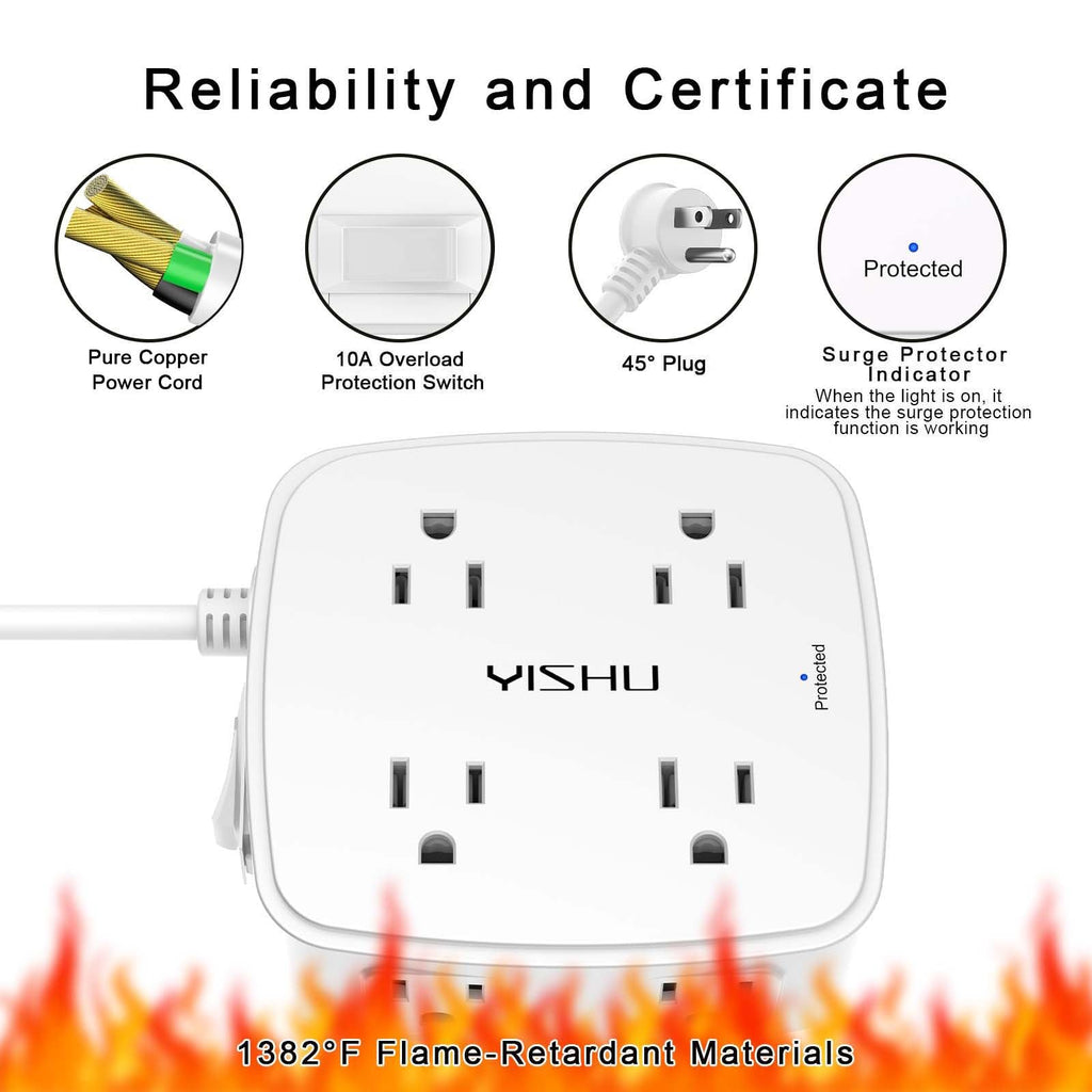 6 Ft Surge Protector Power Strip - YISHU 8 Widely Outlets with 4 USB Ports, 3 Side Outlet Extender with 6 Feet Flat Extension Cord, Ultra Flat Plug, Wall Mount, Desk USB Charging Station, ETL, Black
