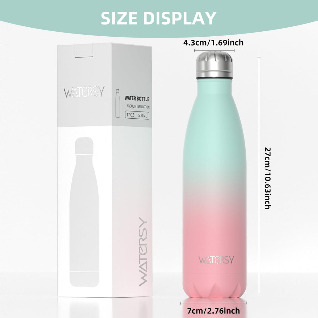 Stainless Steel Insulated Water Bottle, WATERSY Double Walled Metal Vacuum Flask Keep 24 Hrs Cold & 12 Hrs Hot Thermal Metal Sports Bottles 500ml BPA Free for Outdoor, Work, Gym, School (Black)